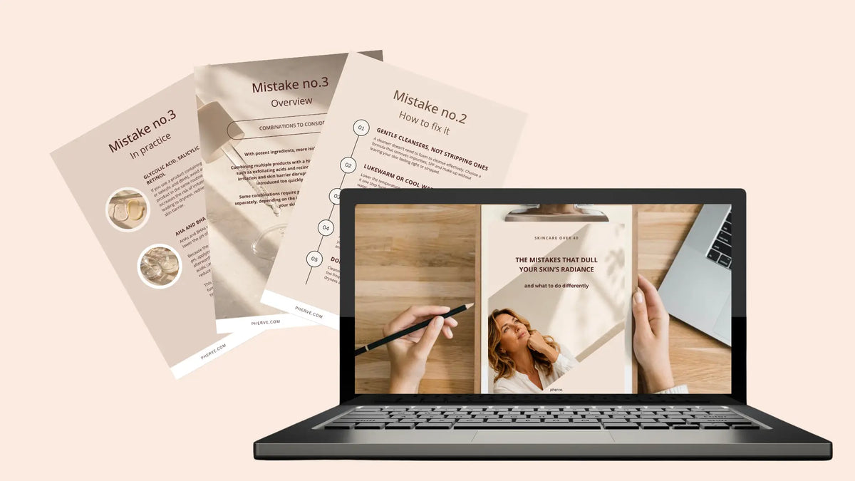 Pherve Skincare 40+ Free Guide shown on laptop, tablet and printed pages